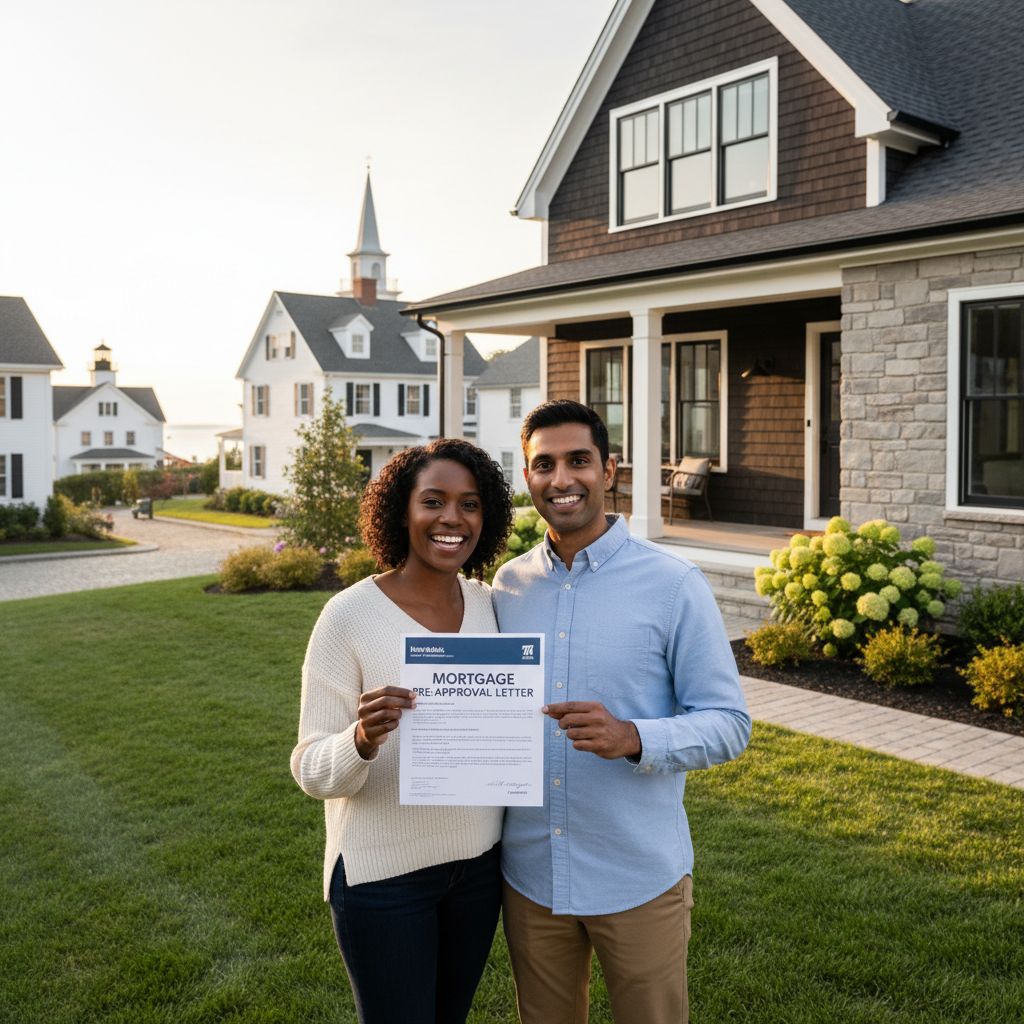 A friendly, diverse couple smiling and holding a document that looks like a mortgage pre-approval letter, while standing in front of a modern house in a charming New England town. The background shows