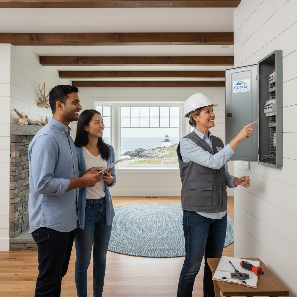A friendly, professional home inspector, wearing a work vest, pointing at a roof or an electrical panel, with a happy couple (diverse ethnicity, 30s-40s) standing next to them inside a well-maintained