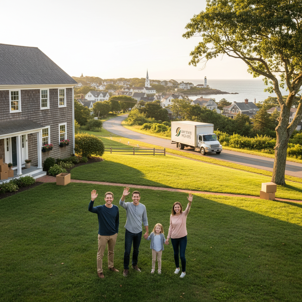 A photo-realistic image depicting a family smiling and waving goodbye to a moving truck driving away from their old home down a tree-lined road, with a picturesque coastal Massachusetts town (like Wes