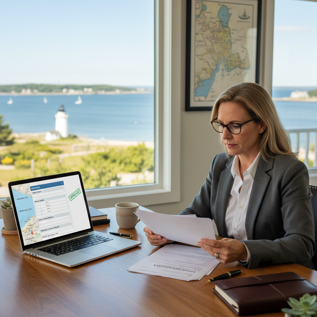 A professional-looking landlord reviewing tenant applications and a laptop showing a background check report, with coastal Massachusetts towns like Westport, Mattapoisett, and Wareham subtly hinted in