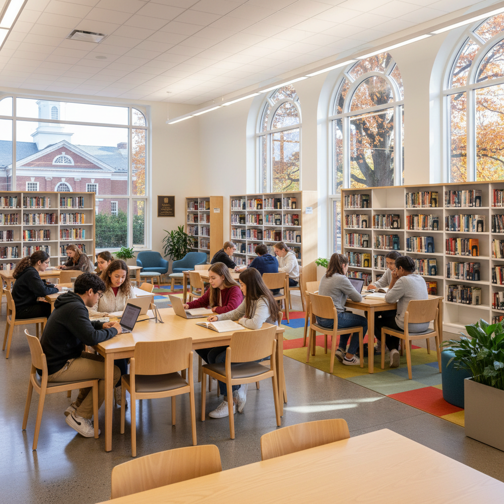 A brightly lit, modern school library with students of diverse backgrounds studying at tables and bookshelves in the background. The atmosphere is positive and focused. Incorporate subtle elements tha